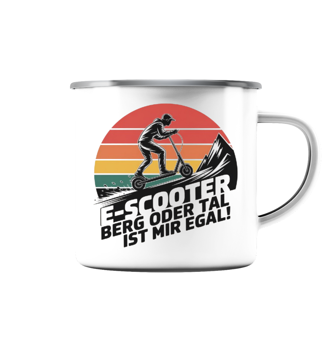E-Scooter Berg oder Tal ist mir egal - Emaille Tasse (Silber)